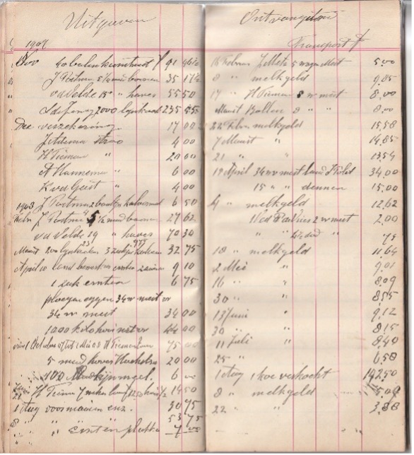 Uit het kasboek van de boerderij uit 1907. Op 22 aug 1907 diverse posten maaien en vrachten hooi halen uit de duinen, Leije, Berouw, Haverpad, Schorem. 14 september kreeg hij een premie van 25 gulden voor een 2 jarige Merrie op de paardenkeuring. Tevens verkoop bloembollen. Aankoop lijnkoeken en verkoop melk en twee paarden.